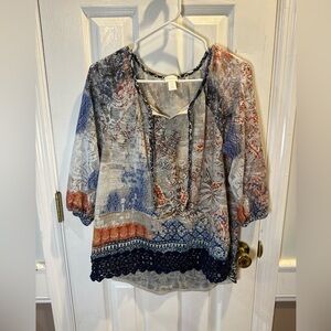 Chicos‎ Sz 1 (Med) 3/4 Sleeve Top Boho Chrochet Peasant High Low